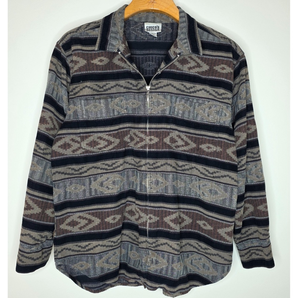 Vintage 90s Chicos Aztec Jacket Sz M Zip Southwestern Chore Shacket Granola